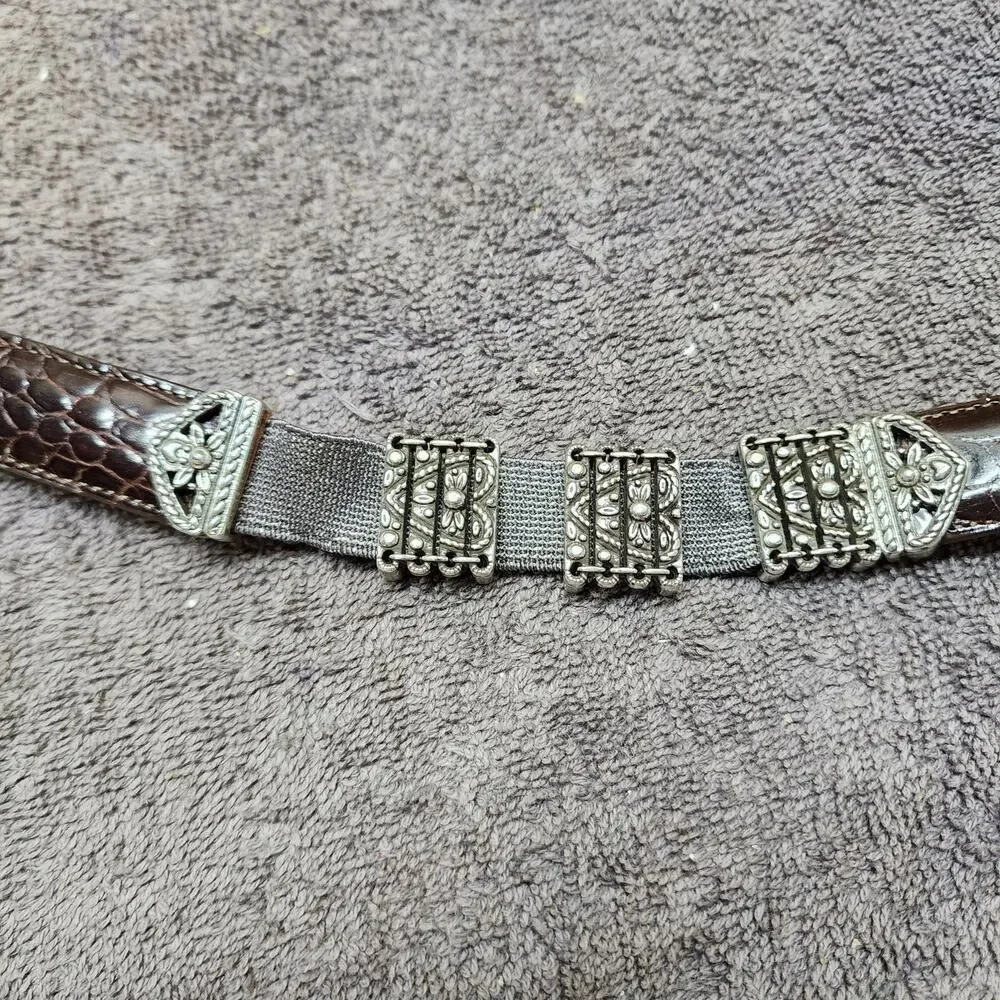 Brighton brown leather belt silver accents & buckle stretchy  XL 47608 b50